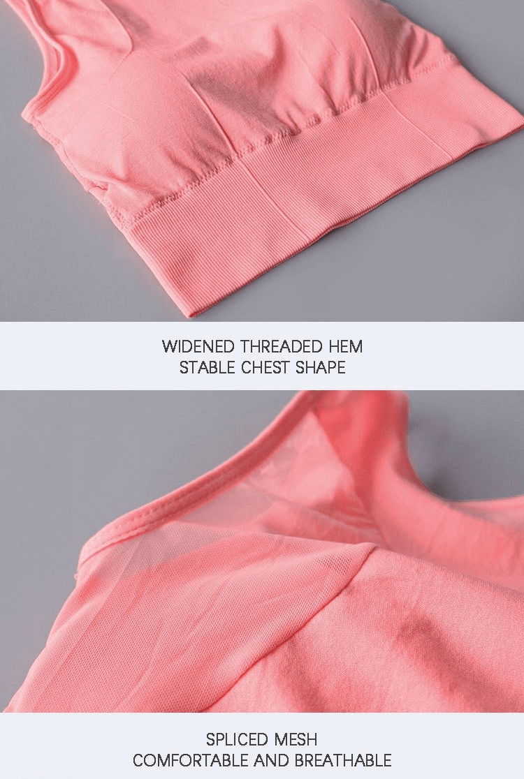 Quick-Drying Elastic Women's Sports Bra in pink with spliced mesh back and widened hem, highlighting comfort and breathability.